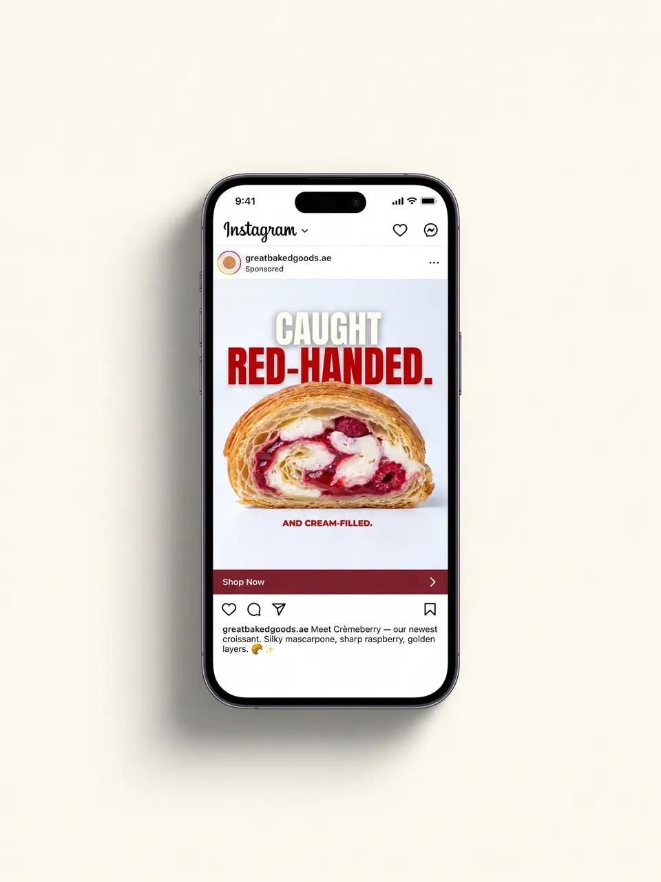Crèmeberry sponsored post shown on a phone in the Instagram feed